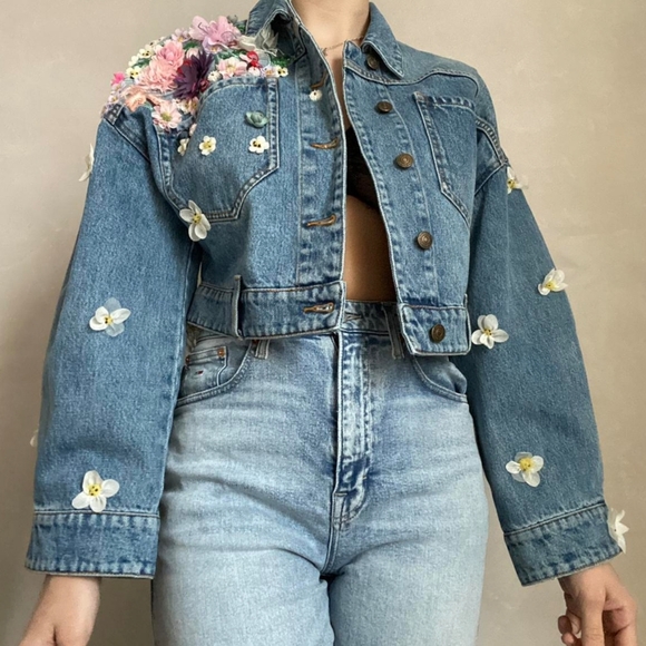 Miss Sixty Denim Cropped Floral Appliqué Jacket - Picture 2 of 9